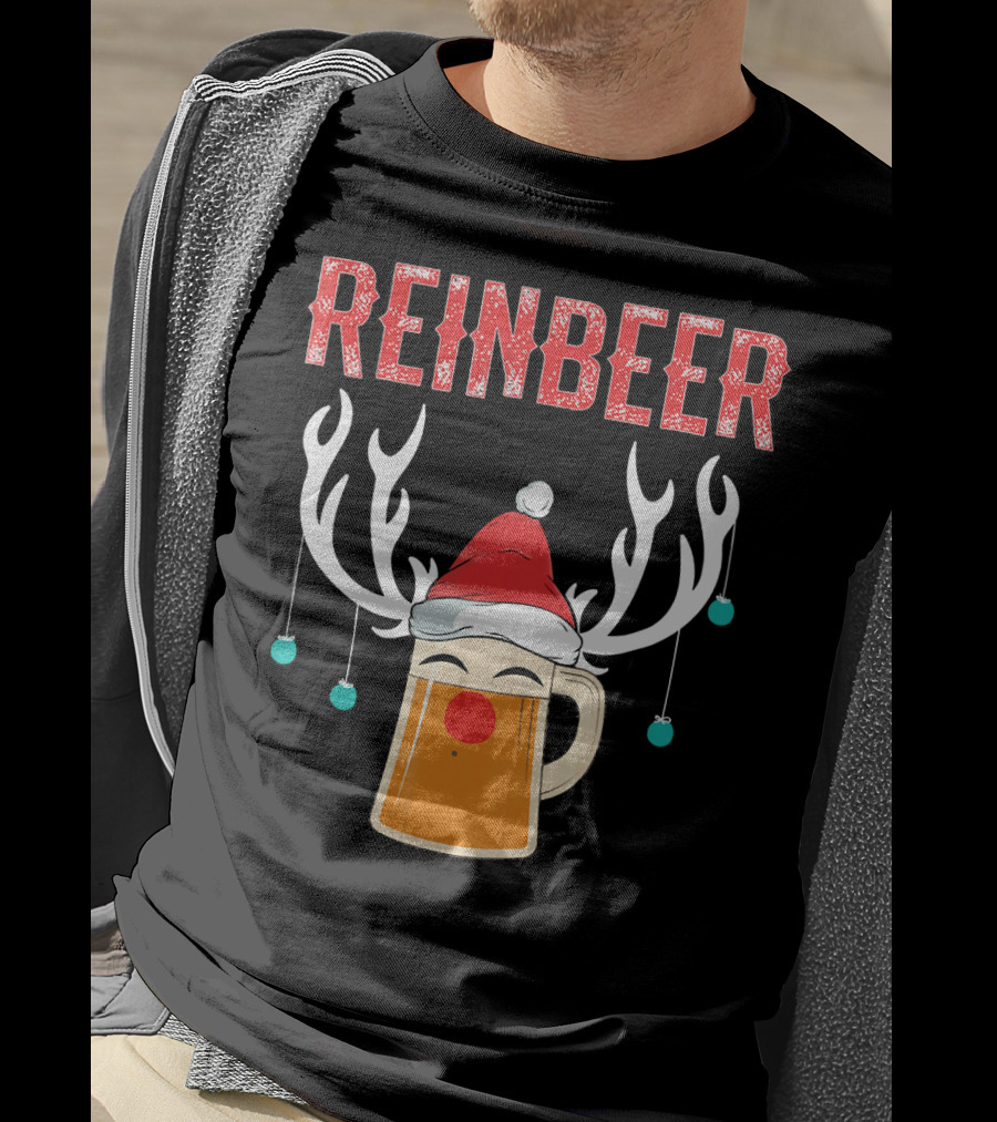 Reinbeer Christmas Antler Humor With Santa Hat Beer Mug T-Shirt