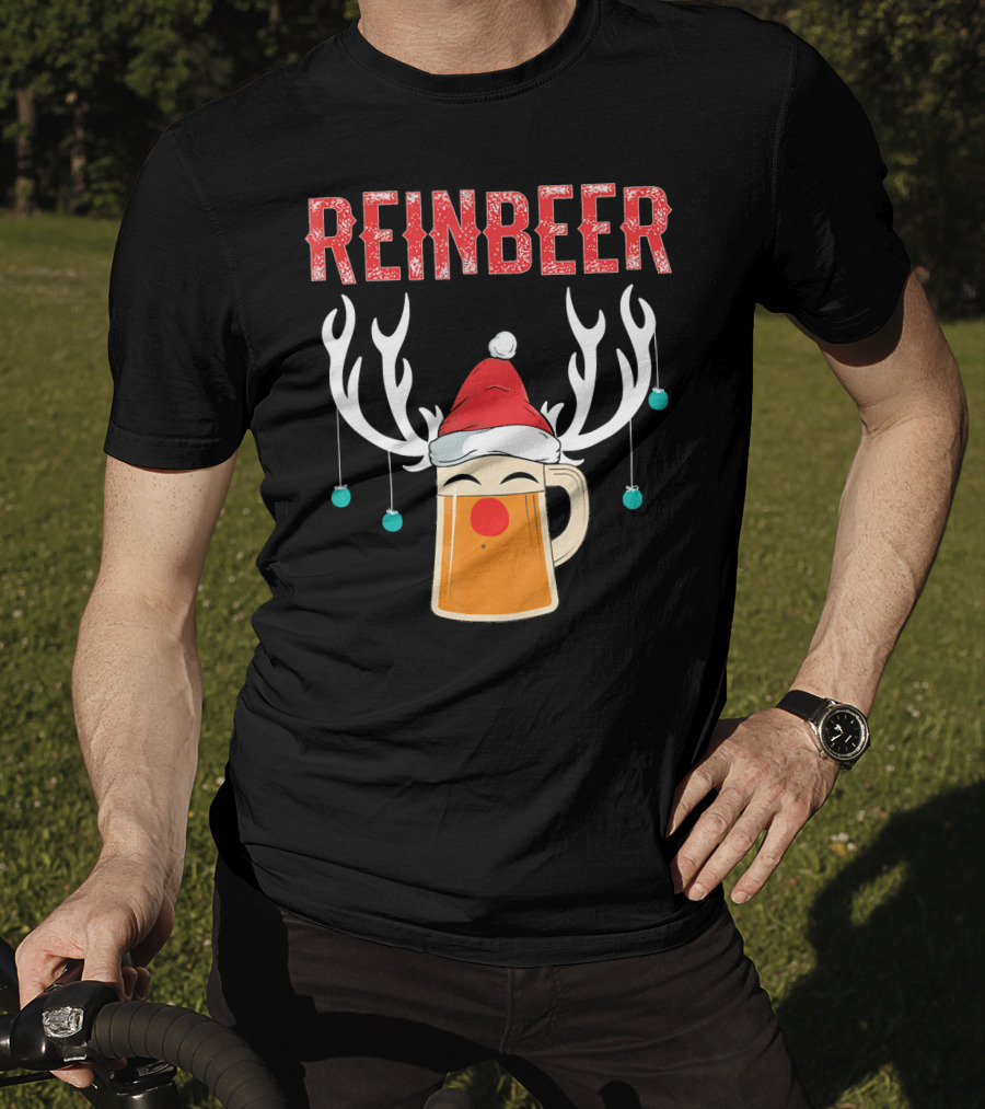 Reinbeer Christmas Antler Humor With Santa Hat Beer Mug T-Shirt