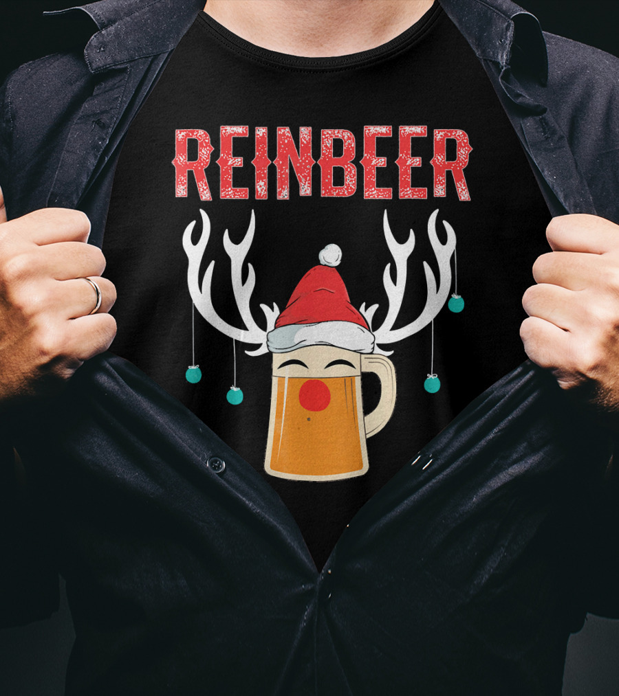 Reinbeer Christmas Antler Humor With Santa Hat Beer Mug T-Shirt