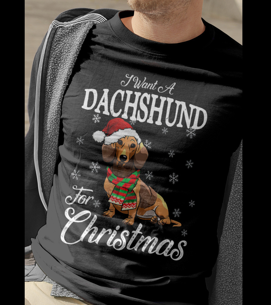 I Want A Dachshund Wearing Santa Hat And Scarf For Christmas Snowflakes T-Shirt