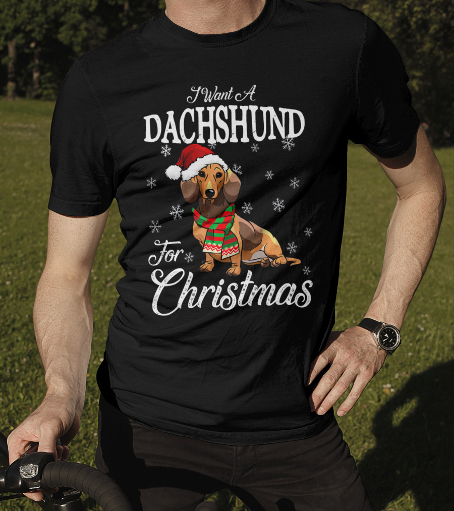I Want A Dachshund Wearing Santa Hat And Scarf For Christmas Snowflakes T-Shirt