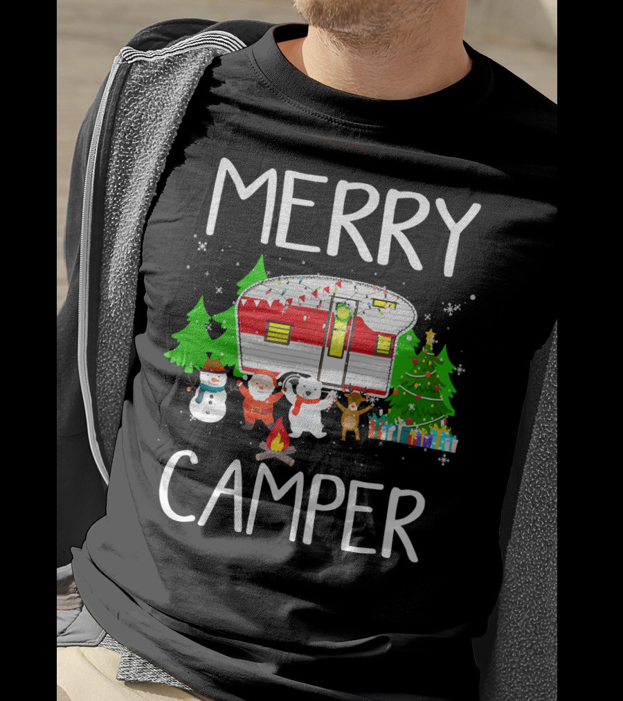 Merry Camper Christmas Santa Snowman Reindeer Campfire Scene T-Shirt