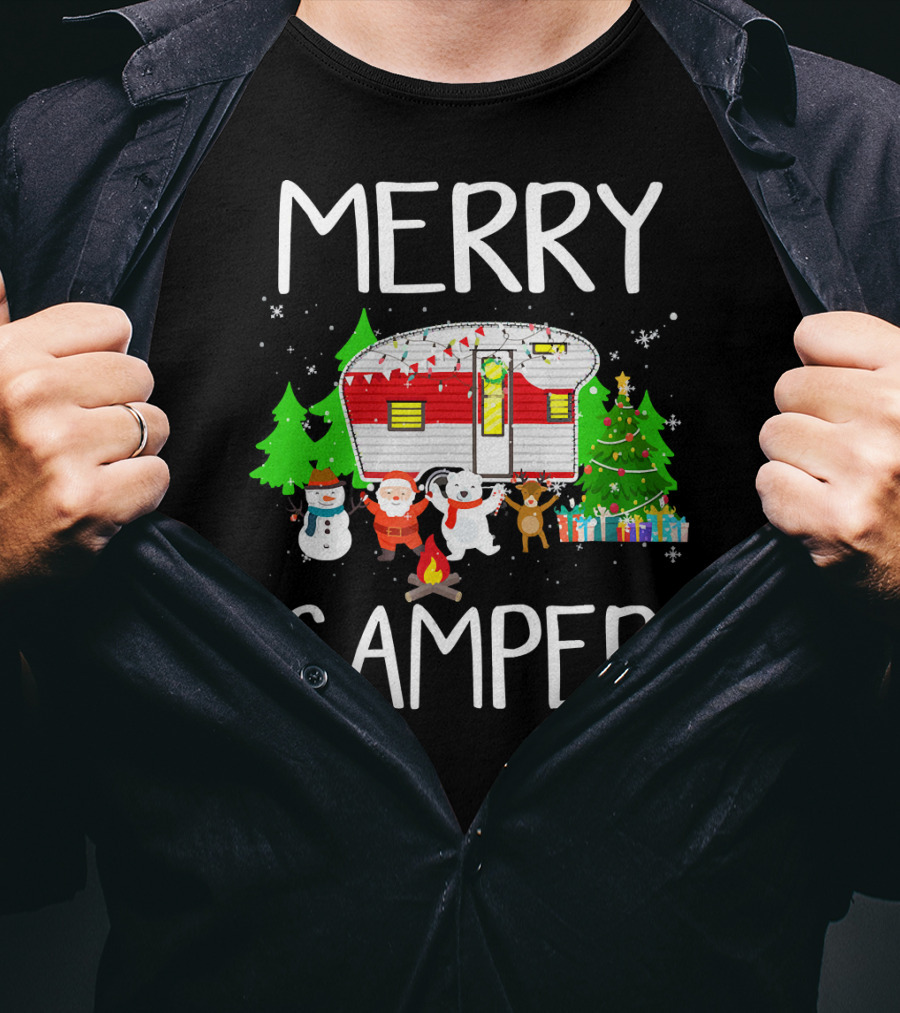 Merry Camper Christmas Santa Snowman Reindeer Campfire Scene T-Shirt