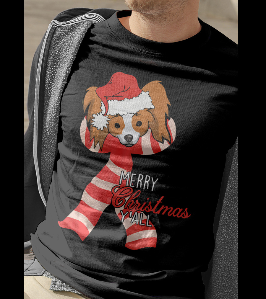 Papillon Dog Merry Christmas Y'all Santa Hat Striped T-Shirt