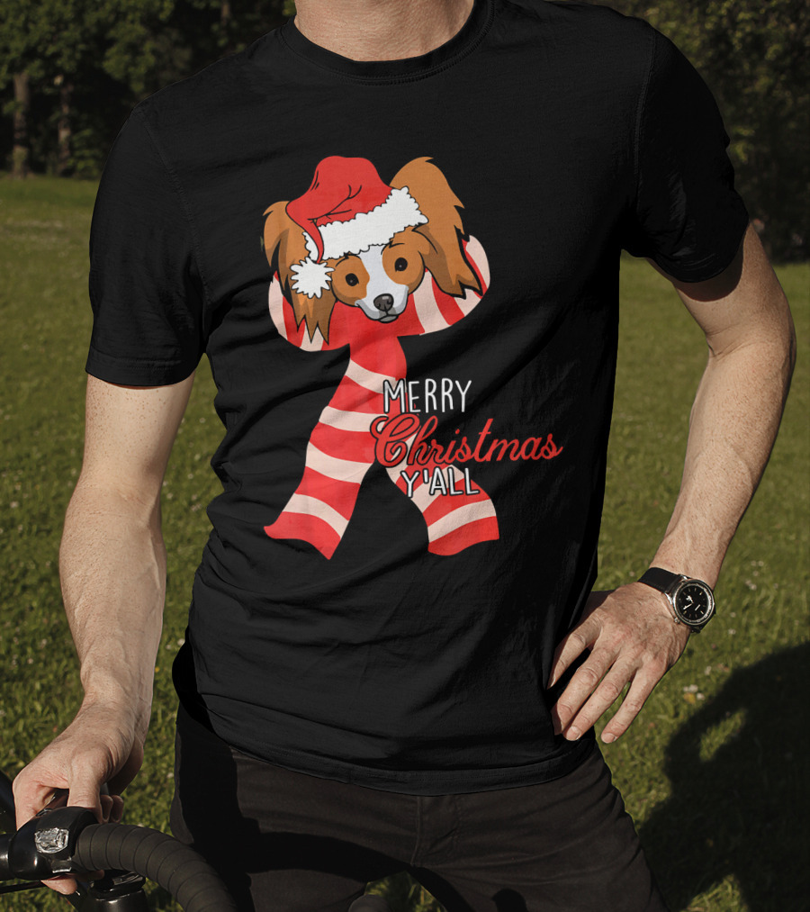 Papillon Dog Merry Christmas Y'all Santa Hat Striped T-Shirt