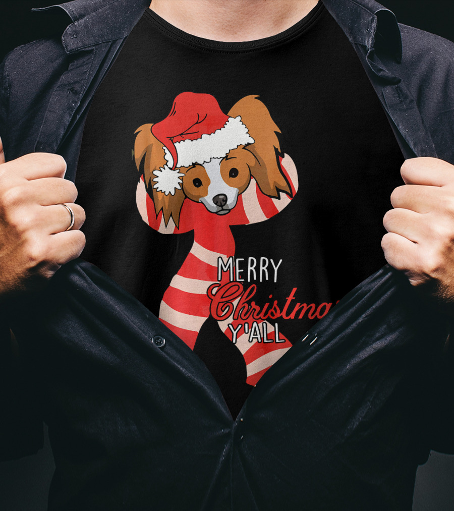Papillon Dog Merry Christmas Y'all Santa Hat Striped T-Shirt