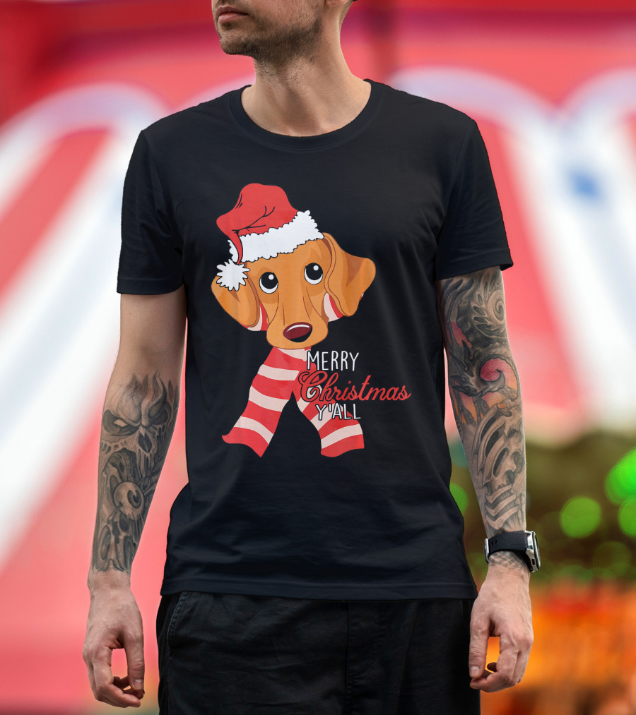 Merry Christmas Y'all Dachshund Dog Wearing Santa Hat and Striped Scarf T-Shirt