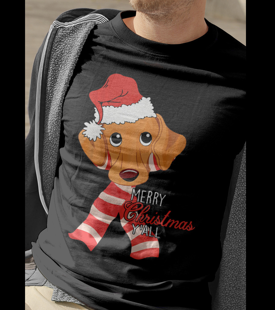 Merry Christmas Y'all Dachshund Dog Wearing Santa Hat And Striped Scarf T-Shirt