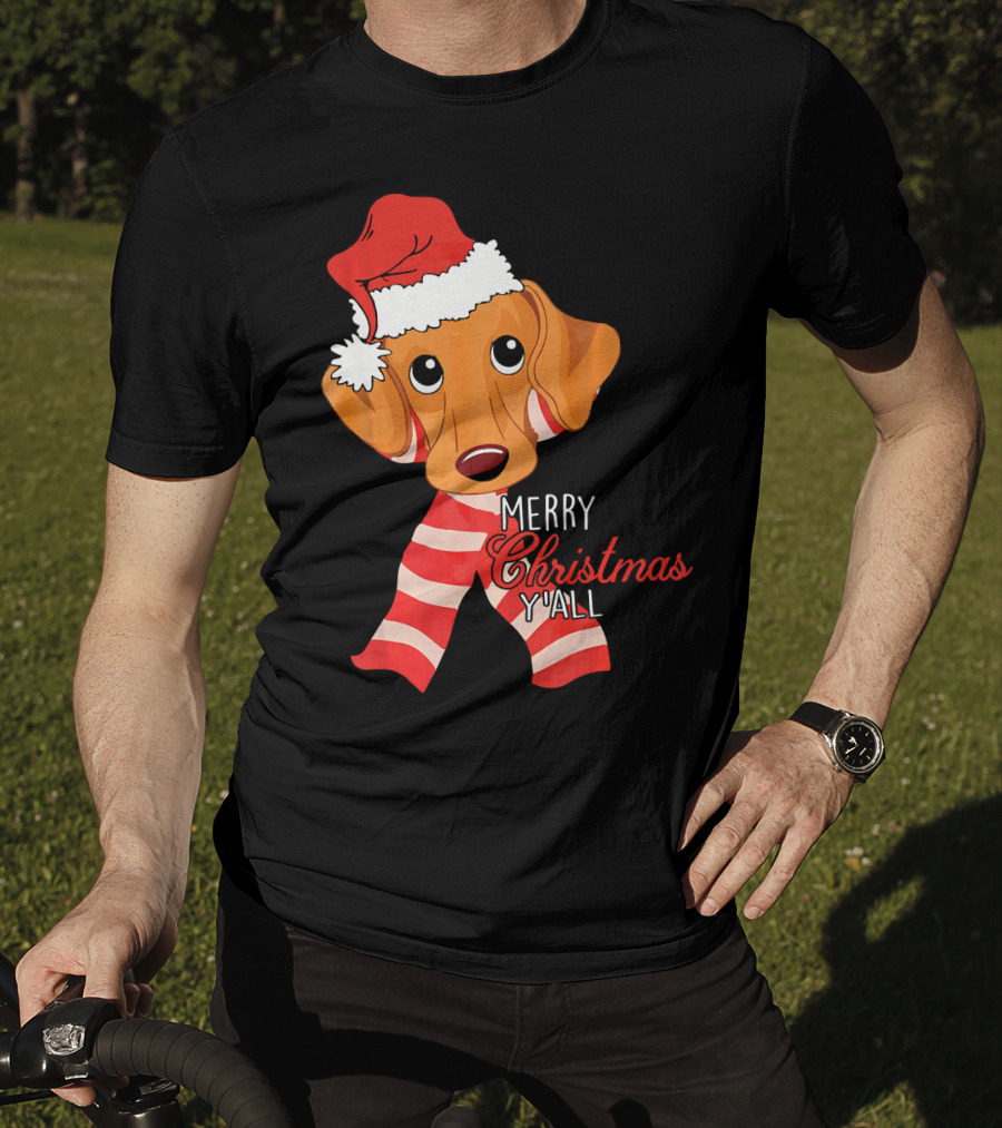 Merry Christmas Y'all Dachshund Dog Wearing Santa Hat And Striped Scarf T-Shirt