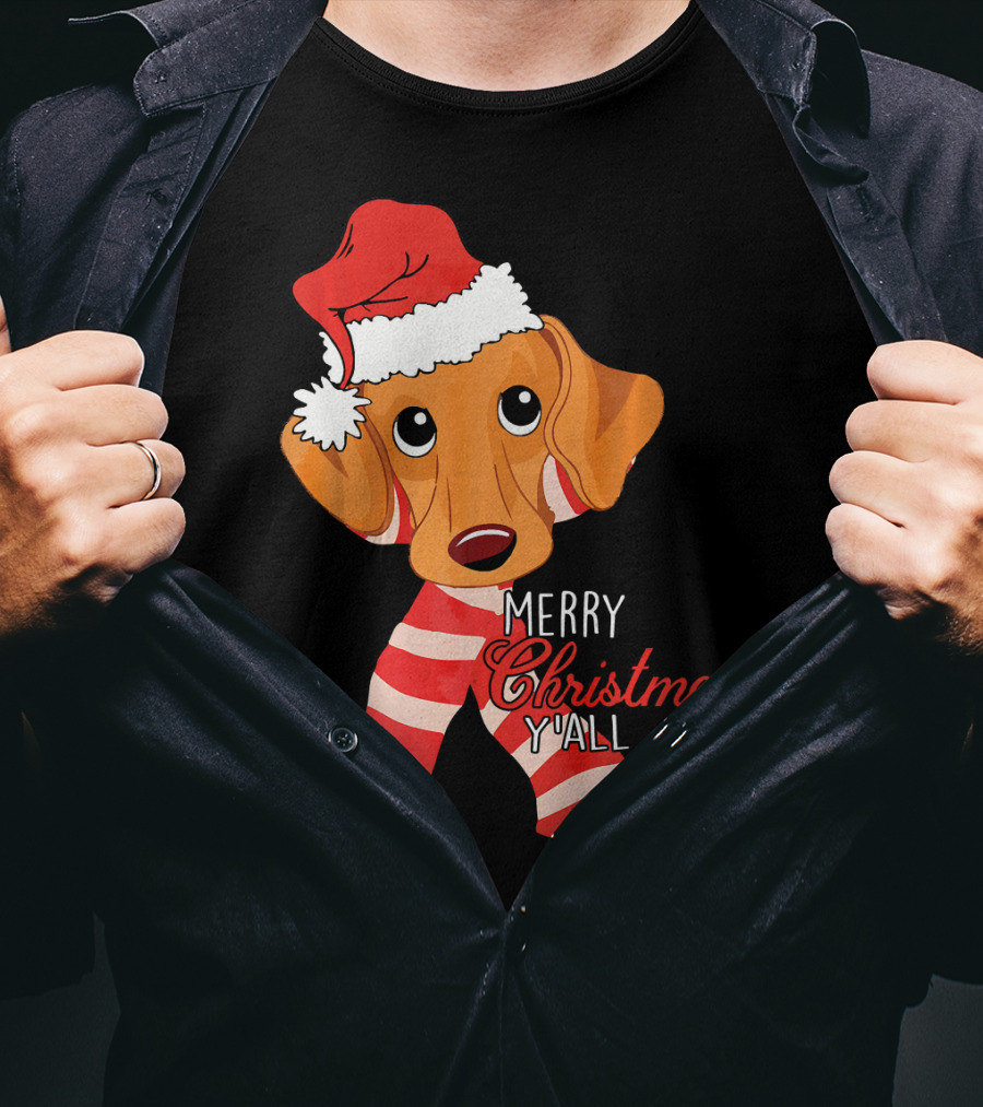 Merry Christmas Y'all Dachshund Dog Wearing Santa Hat And Striped Scarf T-Shirt