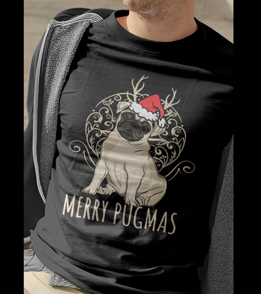 Merry Pugmas Funny Pug With Santa Hat And Antlers T-Shirt