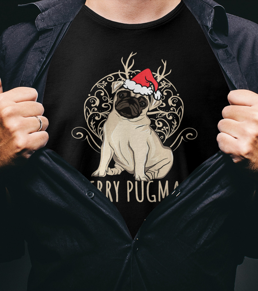 Merry Pugmas Funny Pug With Santa Hat And Antlers T-Shirt