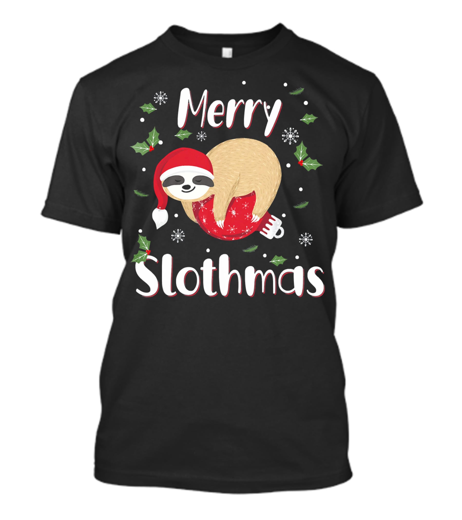 Merry Slothmas Christmas Sloth Holiday Festive Santa Hat Snowflakes T-Shirt