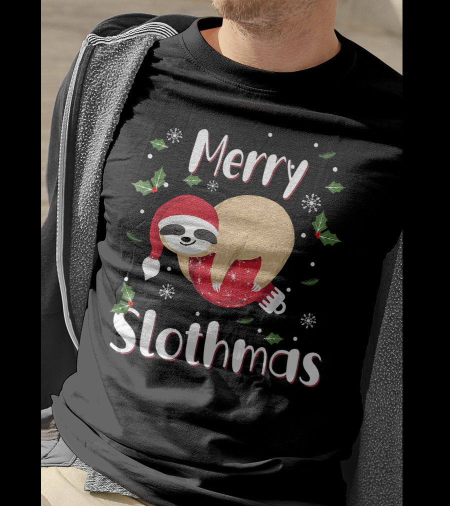 Merry Slothmas Christmas Sloth Holiday Festive Santa Hat Snowflakes T-Shirt