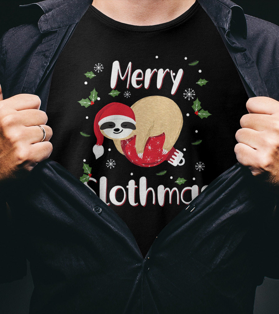 Merry Slothmas Christmas Sloth Holiday Festive Santa Hat Snowflakes T-Shirt