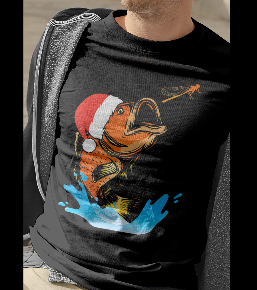 Bass Fishing Santa Hat Splashing Christmas Fish T-Shirt