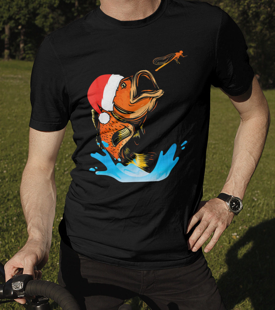Bass Fishing Santa Hat Splashing Christmas Fish T-Shirt