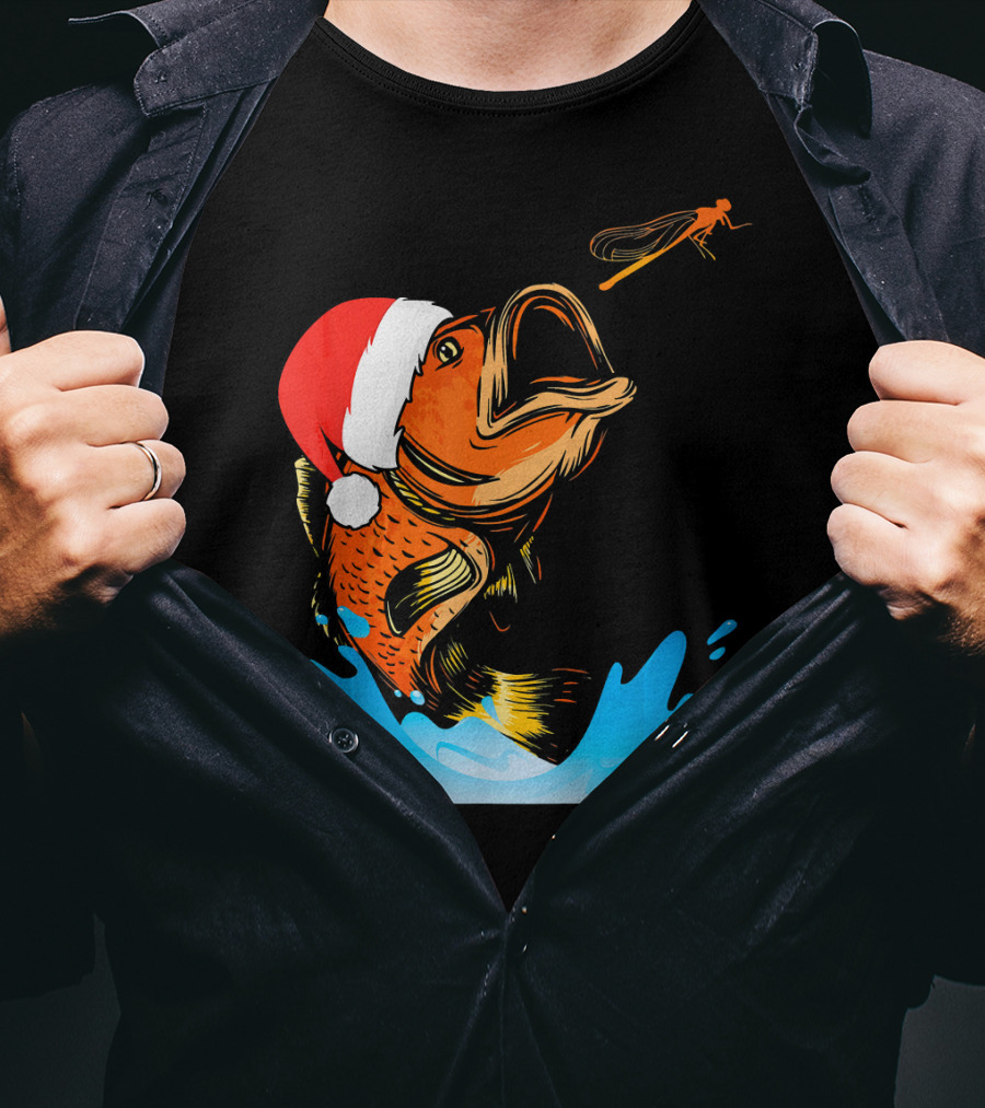 Bass Fishing Santa Hat Splashing Christmas Fish T-Shirt