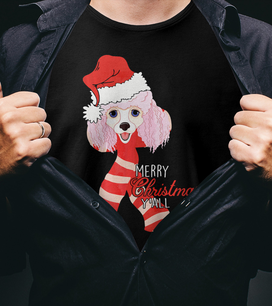 Merry Christmas Y'all Poodle Dog In Santa Hat And Scarf T-Shirt