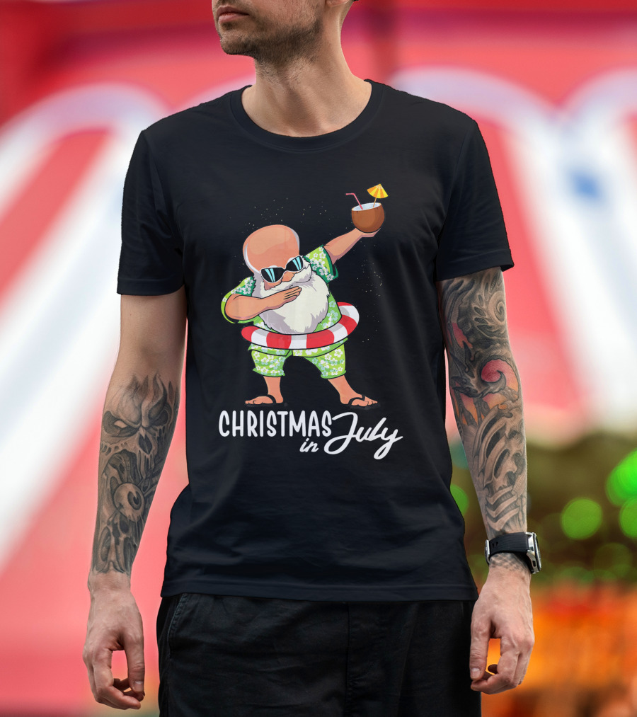 Dabbing Santa Christmas in July Coconut Drink Sunglasses Summer Fun T-Shirt