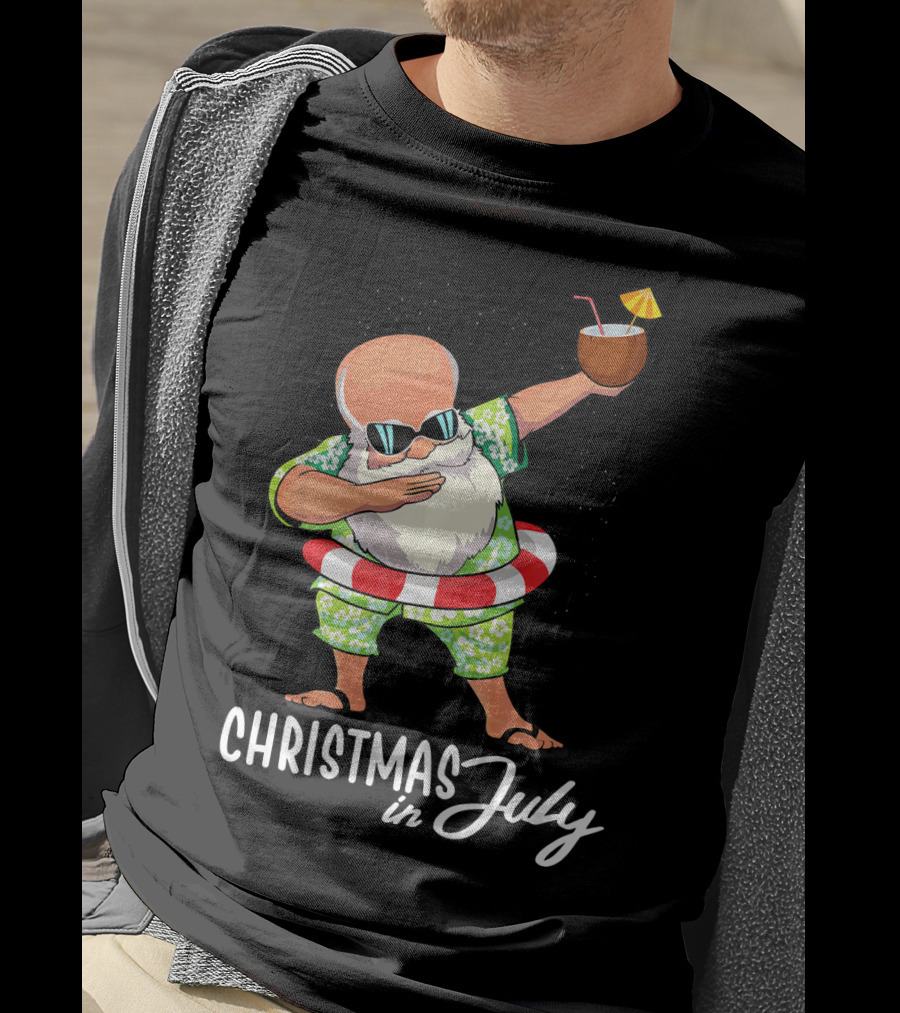 Dabbing Santa Christmas In July Coconut Drink Sunglasses Summer Fun T-Shirt