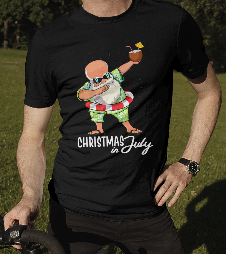 Dabbing Santa Christmas In July Coconut Drink Sunglasses Summer Fun T-Shirt