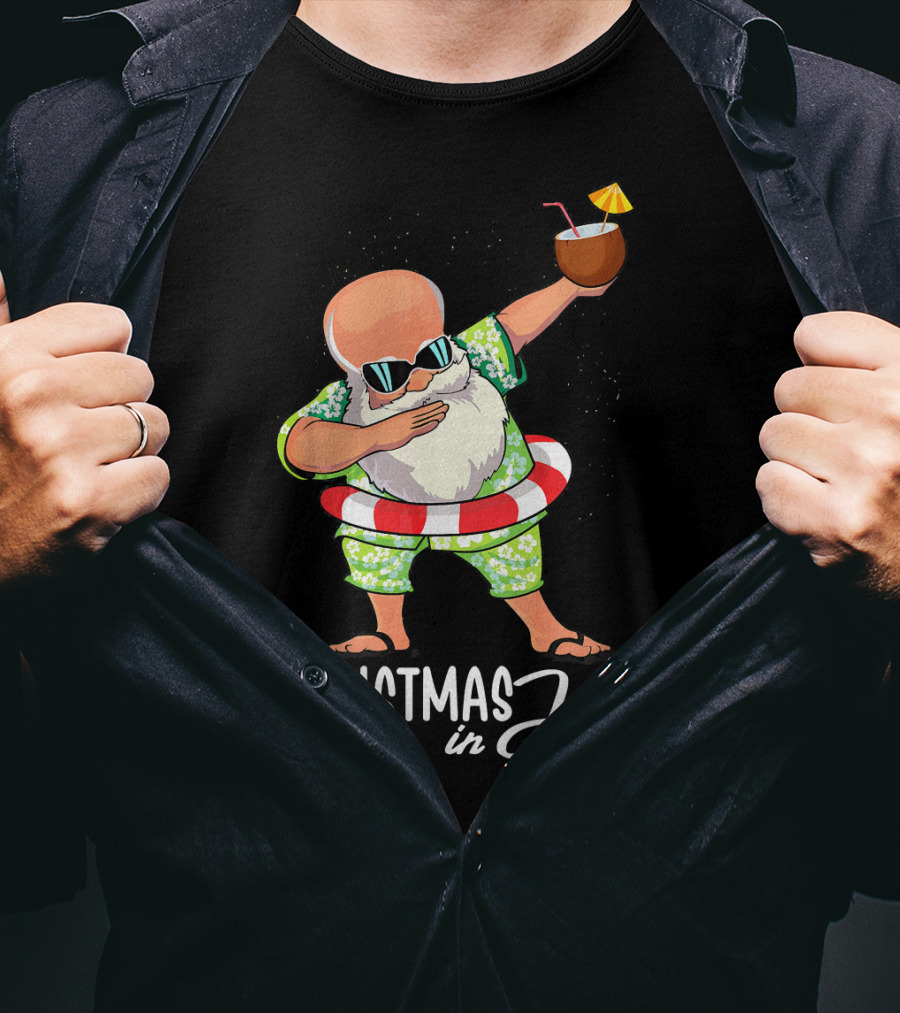 Dabbing Santa Christmas In July Coconut Drink Sunglasses Summer Fun T-Shirt