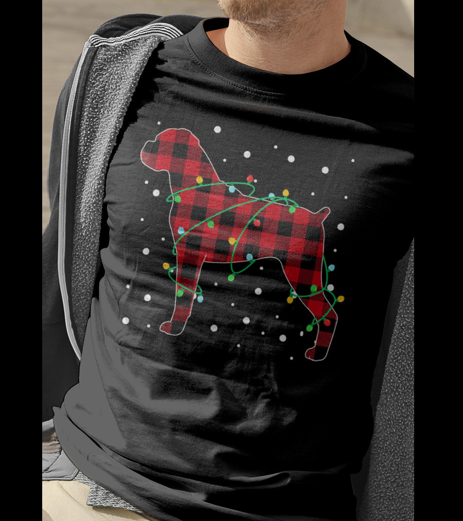 Red Plaid Boxer With Christmas Lights And Snowflakes T-Shirt