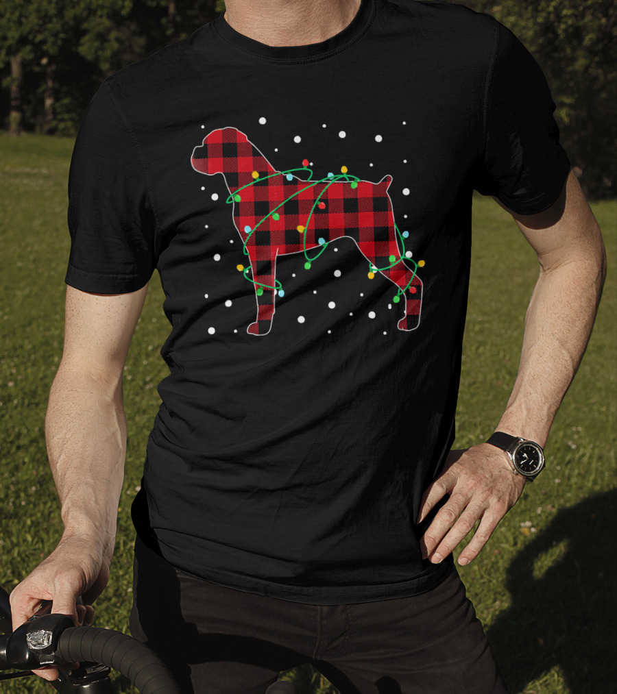 Red Plaid Boxer With Christmas Lights And Snowflakes T-Shirt