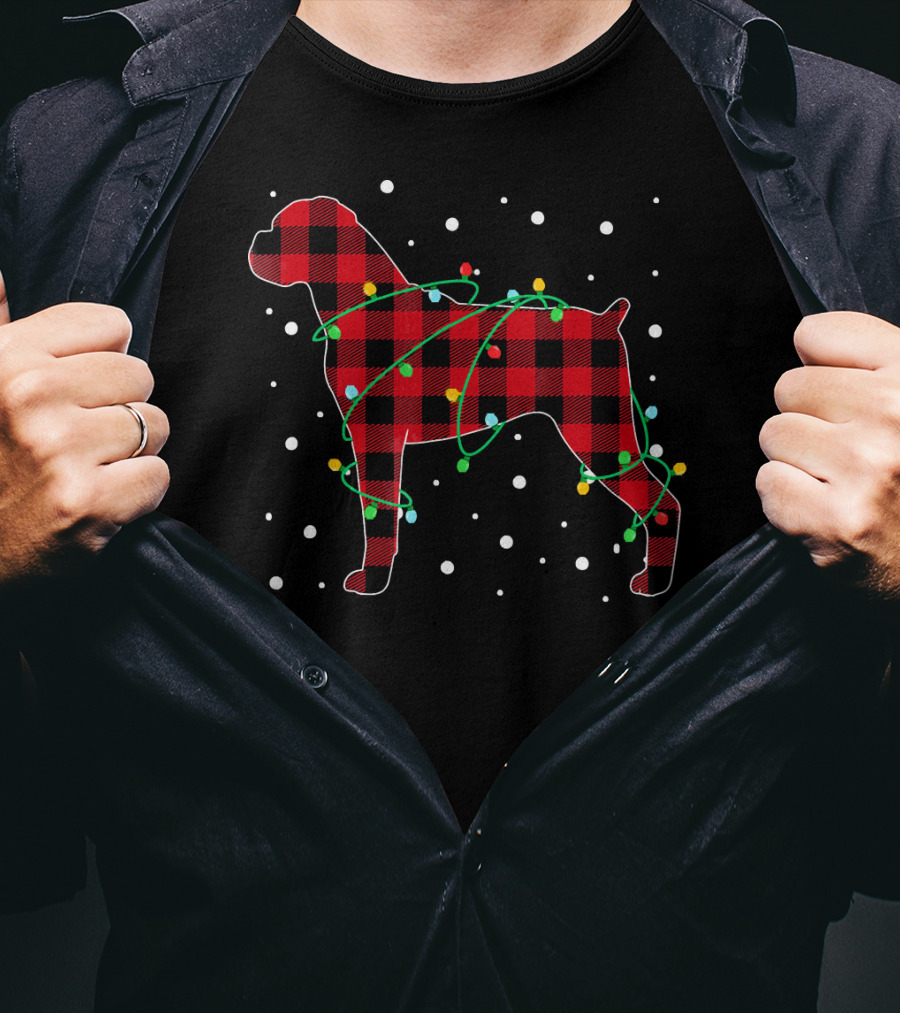 Red Plaid Boxer With Christmas Lights And Snowflakes T-Shirt