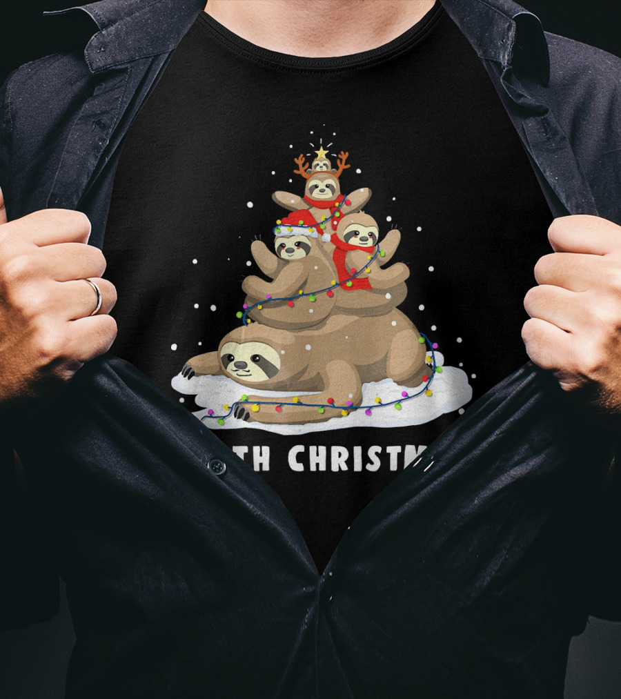 Sloth Christmas Tree With Reindeer And Santa Hats T-Shirt