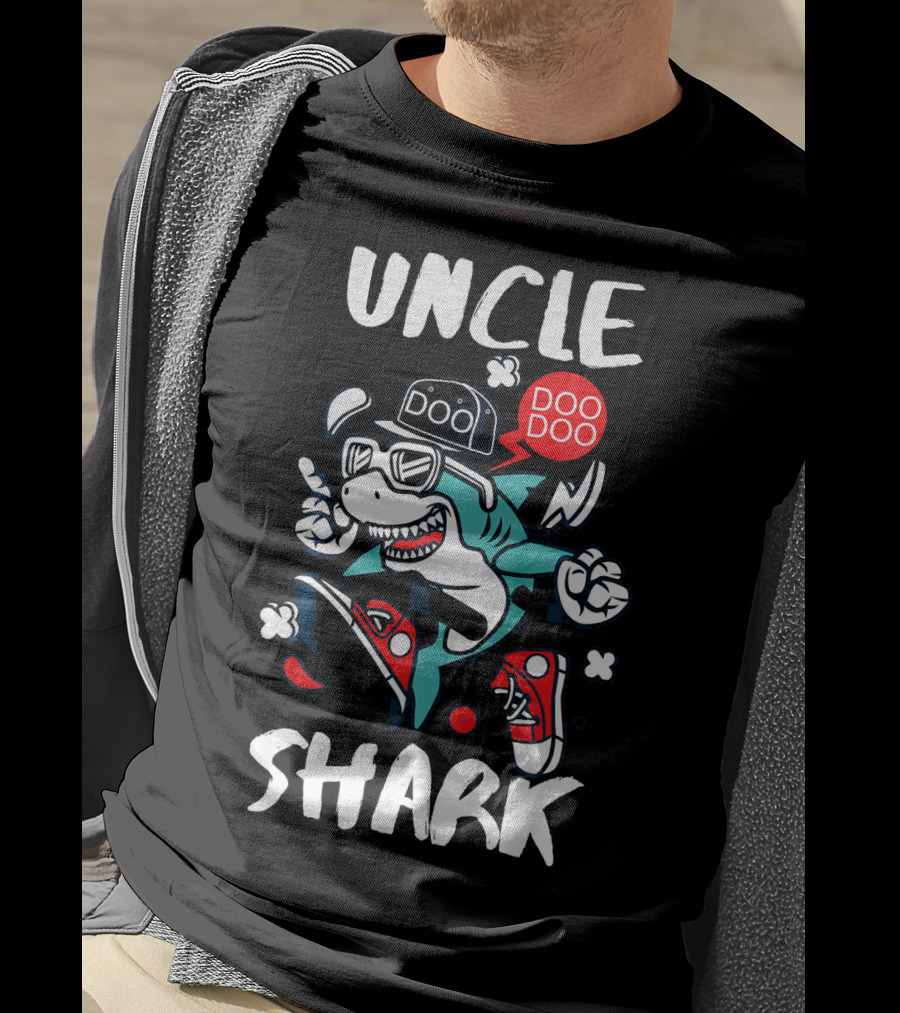 Uncle Shark Doo Doo Best Uncle Hat Sunglasses Sneakers Whimsical T-Shirt