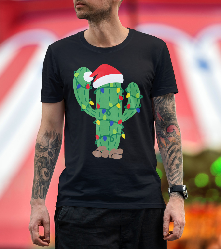Feliz Navidad Christmas Cactus Santa Hat Holiday Lights T-Shirt