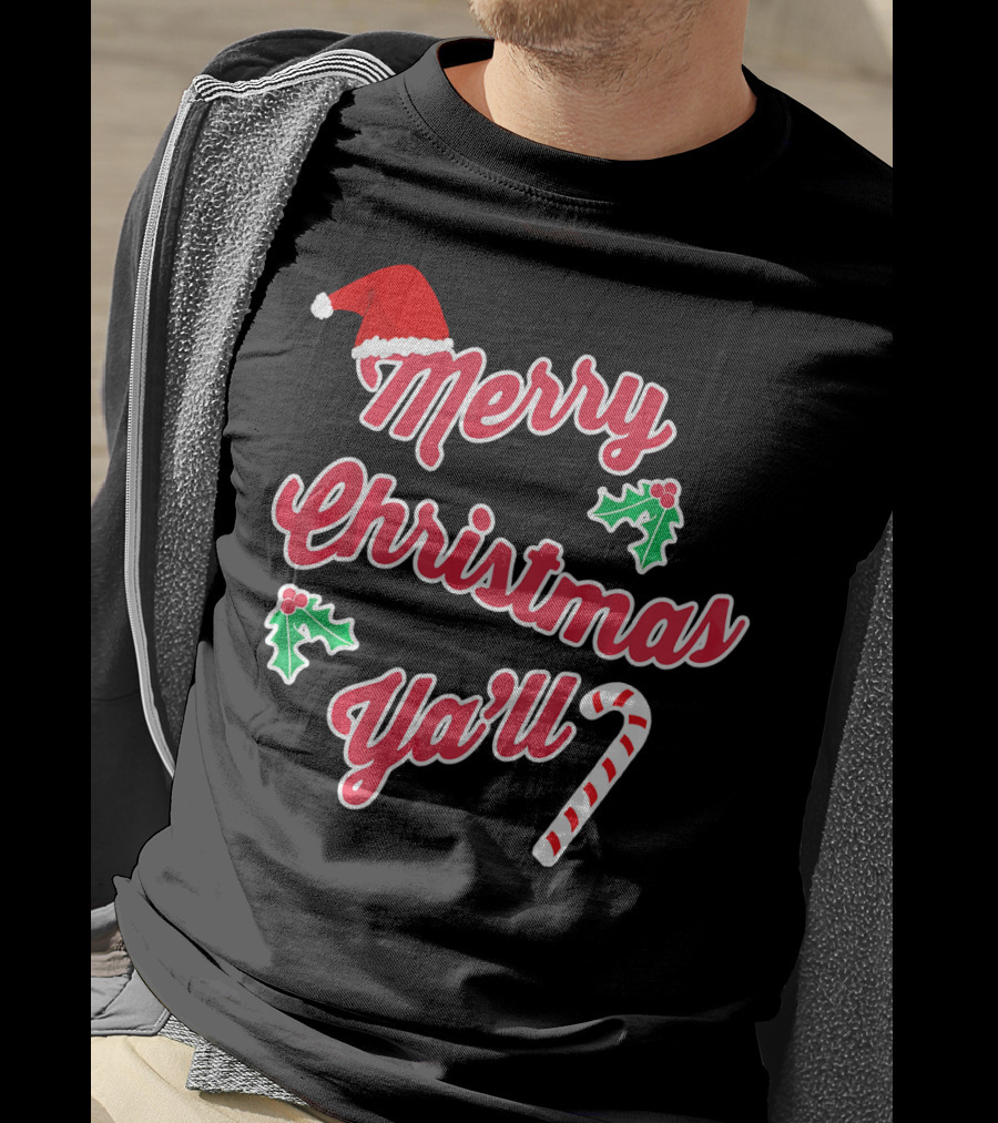 Merry Christmas Y'all Santa Hat Holly Candy Cane T-Shirt