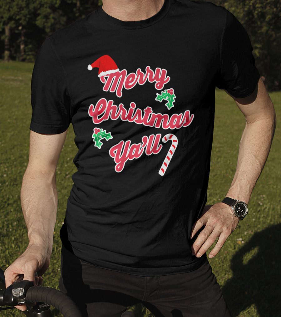 Merry Christmas Y'all Santa Hat Holly Candy Cane T-Shirt