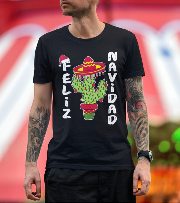 Premium T-Shirt: Feliz Navidad Cactus with Santa Hat and Sombrero Holiday Spirit T-Shirt Feliz Navidad Cactus with Santa Hat and Sombrero Holiday Spirit T-Shirt