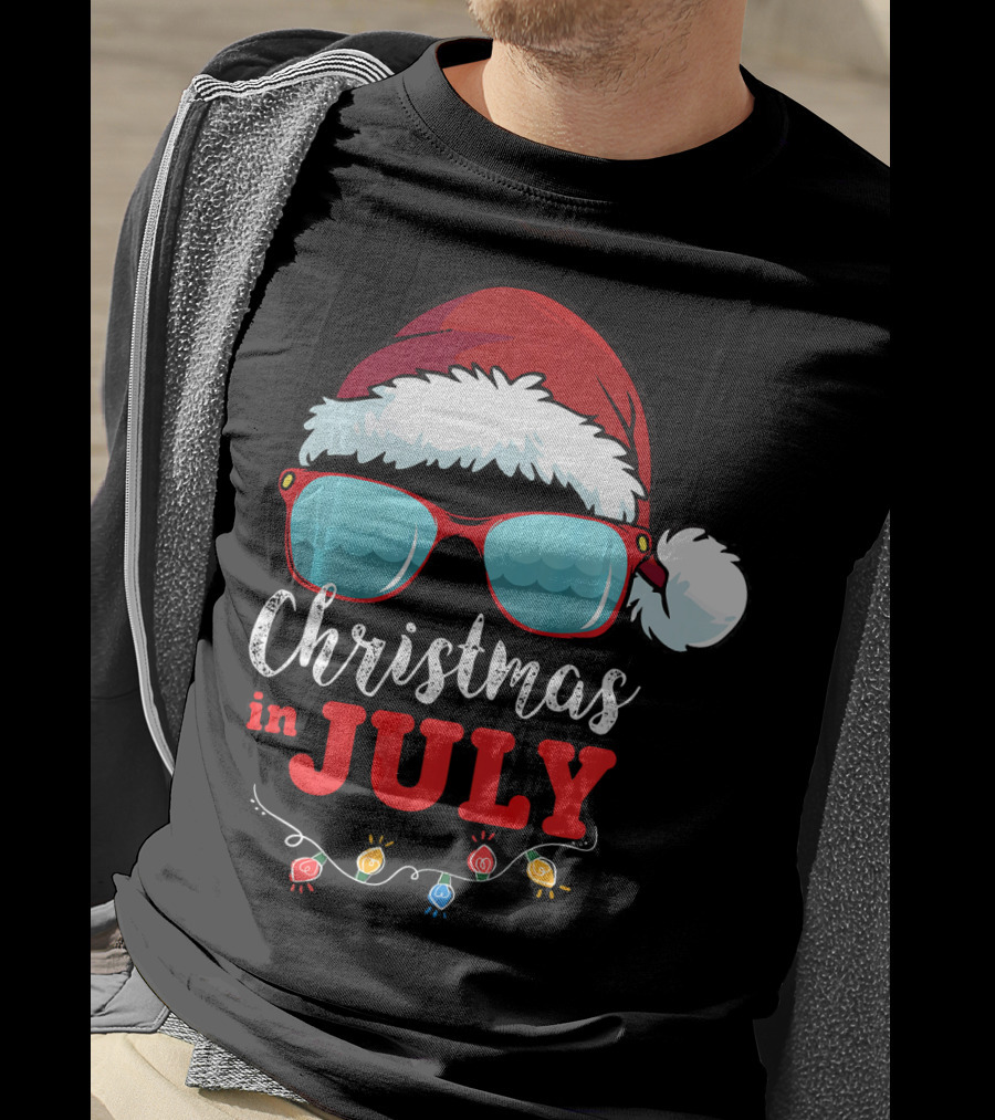 Santa Hat Sunglasses Christmas In July Holiday Lights T-Shirt
