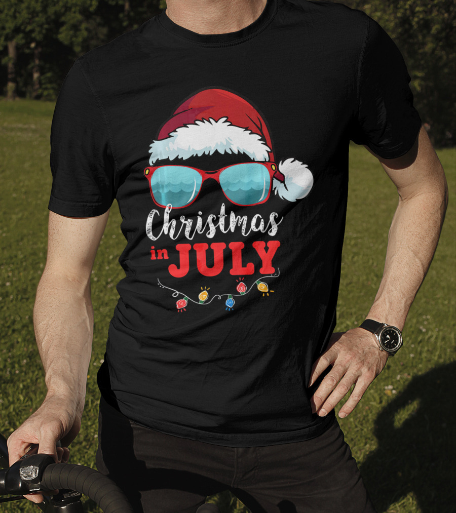 Santa Hat Sunglasses Christmas In July Holiday Lights T-Shirt