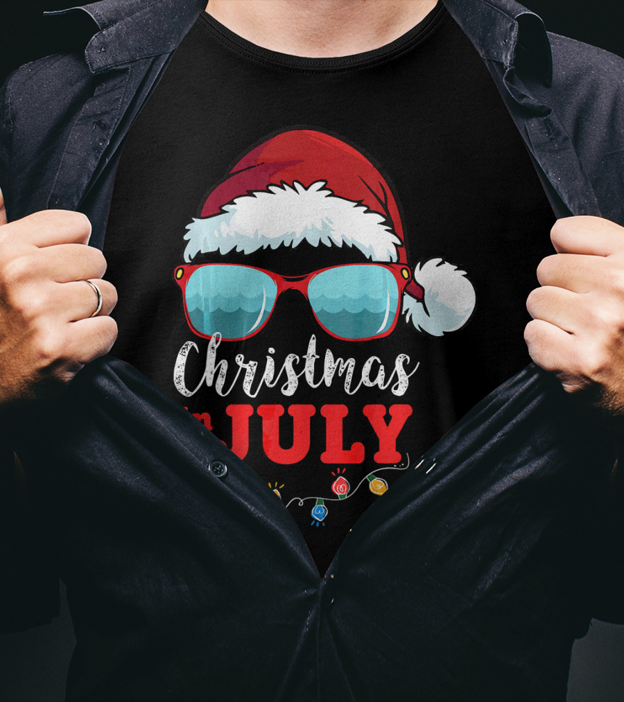 Santa Hat Sunglasses Christmas In July Holiday Lights T-Shirt