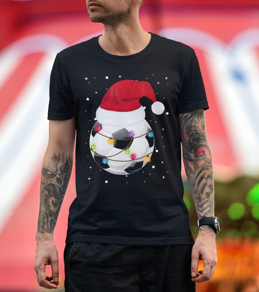 Santa Hat Soccer Ball Wrapped in Christmas Lights with Falling Snow T-Shirt