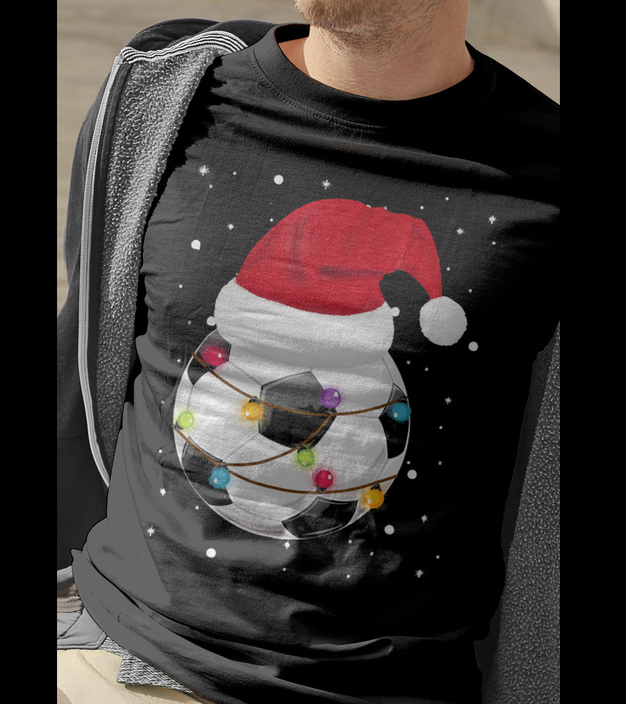 Santa Hat Soccer Ball Wrapped In Christmas Lights With Falling Snow T-Shirt