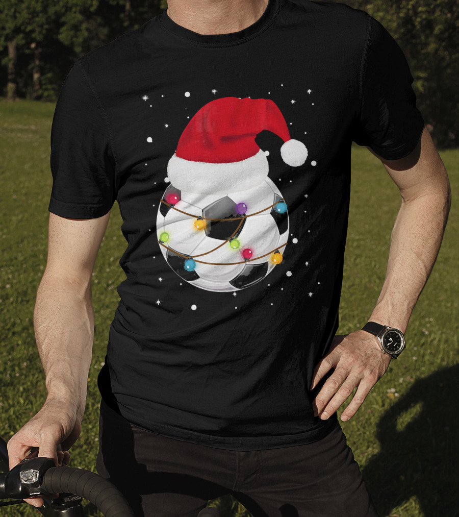 Santa Hat Soccer Ball Wrapped In Christmas Lights With Falling Snow T-Shirt