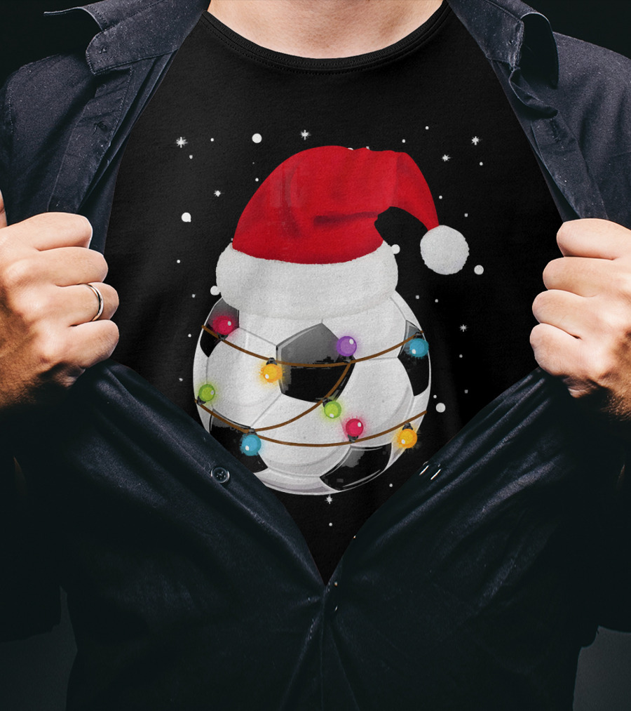 Santa Hat Soccer Ball Wrapped In Christmas Lights With Falling Snow T-Shirt