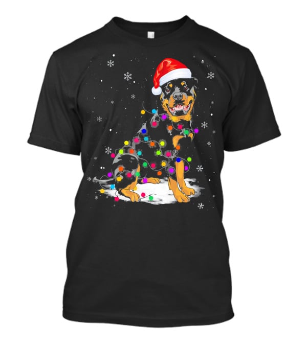 Rottweiler With Santa Hat And Colorful Christmas Lights In Snowy Scene T-Shirt