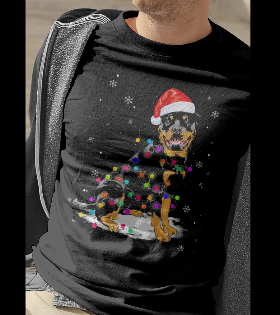 Rottweiler With Santa Hat And Colorful Christmas Lights In Snowy Scene T-Shirt