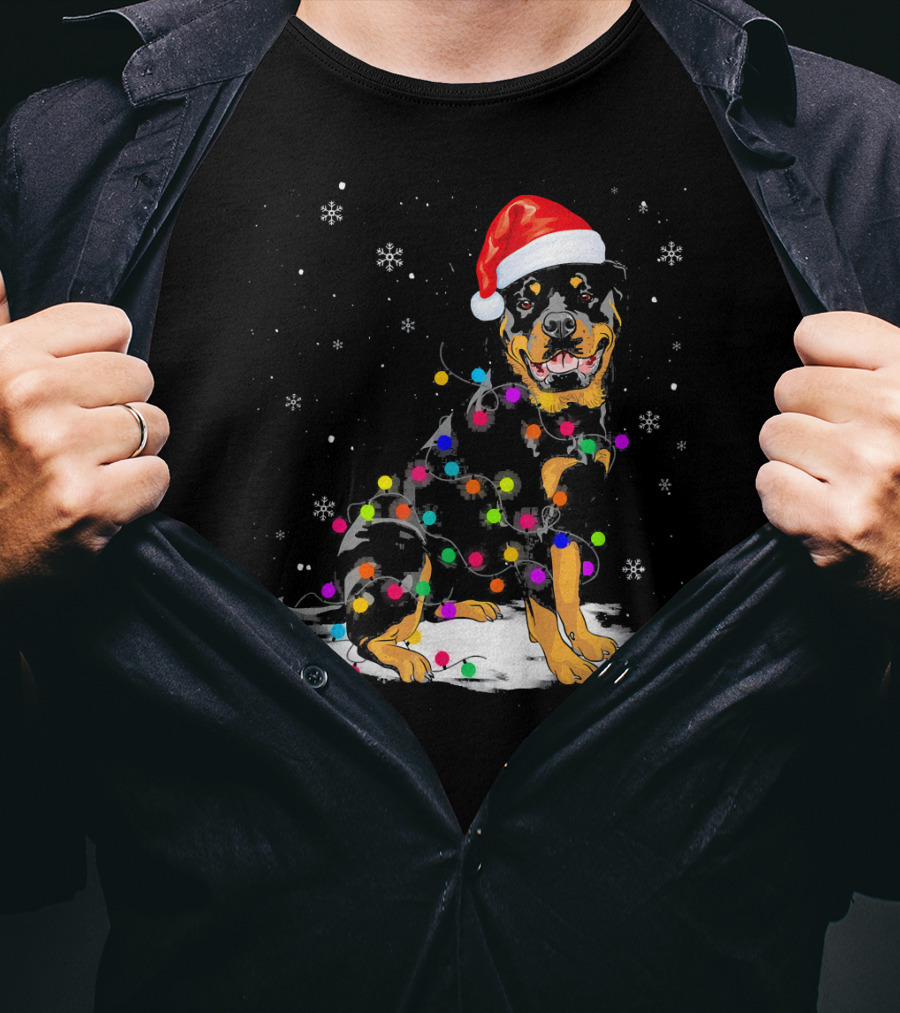Rottweiler With Santa Hat And Colorful Christmas Lights In Snowy Scene T-Shirt