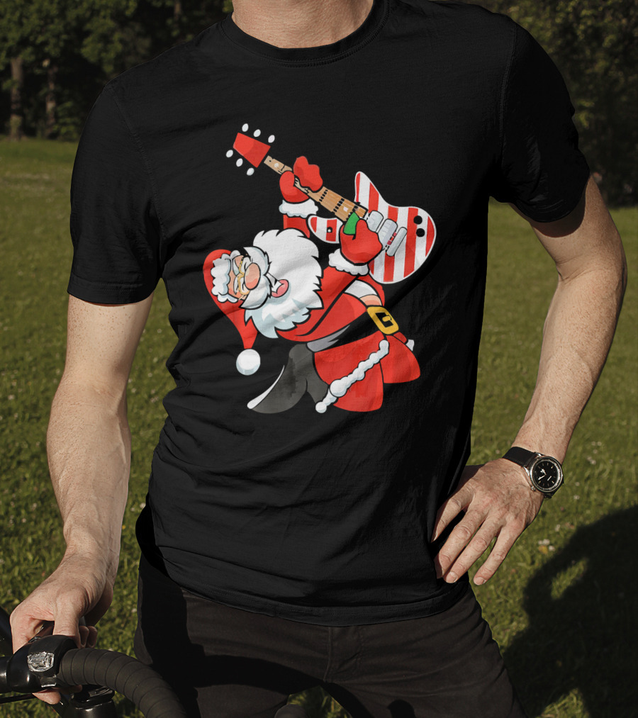 Santa Guitar Player Christmas Music Vintage Rock Holiday T-Shirt