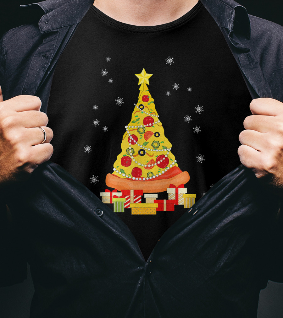 Christmas Tree Pizza With Snowflakes And Gifts T-Shirt