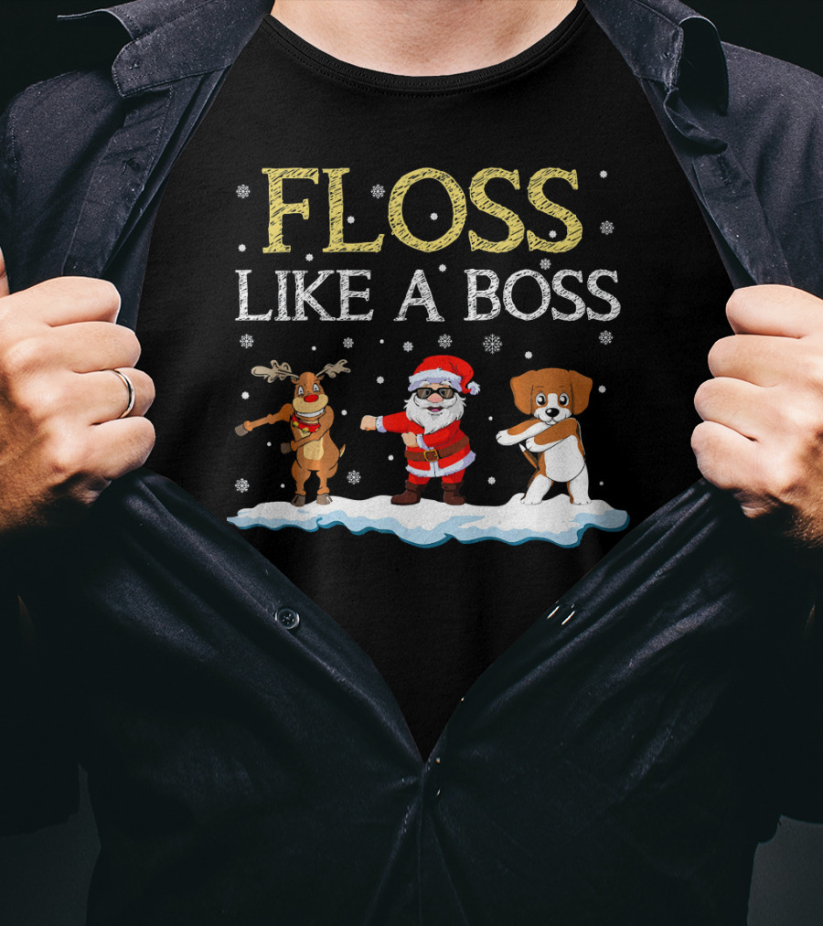 Floss Like A Boss Dancing Santa Beagle Reindeer Christmas T-Shirt