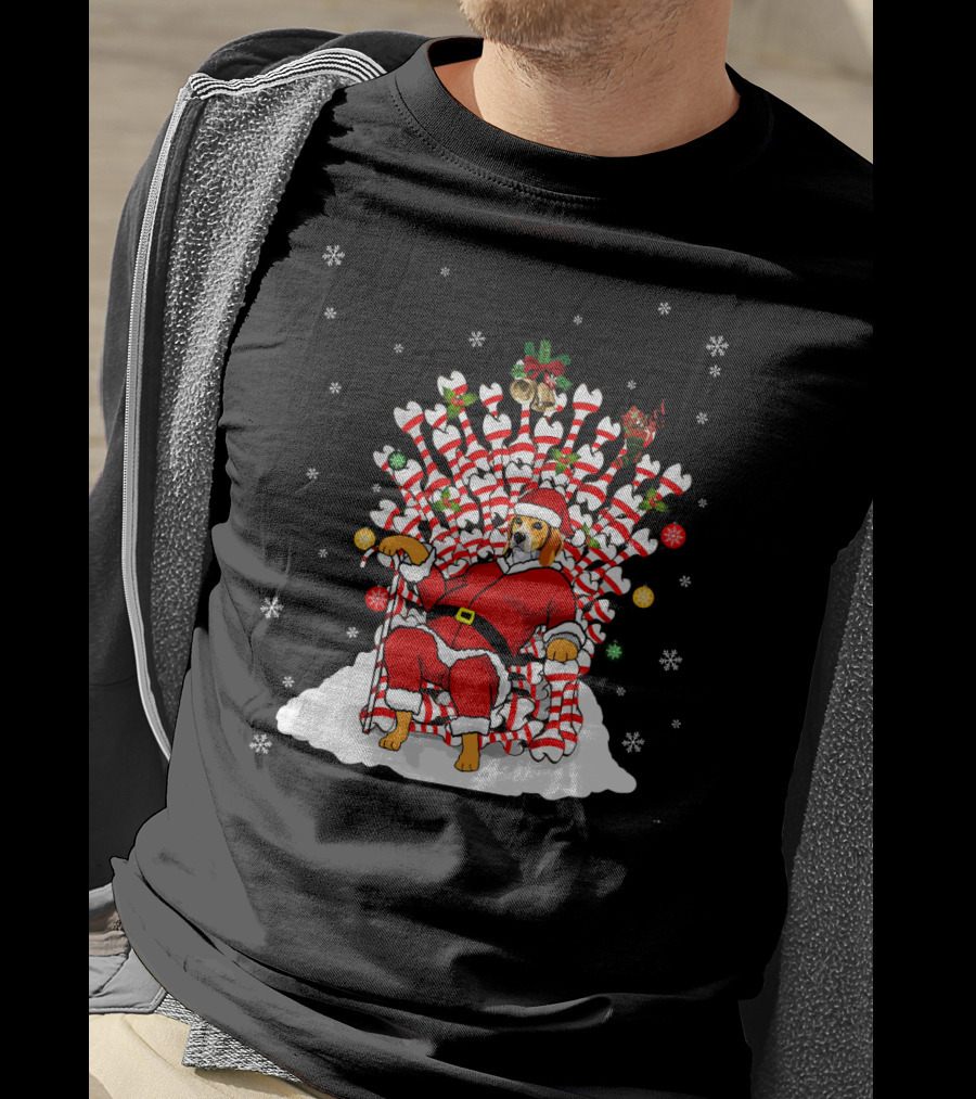 Beagle Dog In Santa Suit On Candy Cane And Bone Throne With Snowflakes T-Shirt
